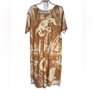 VTG 90s western cowgirl cotton brown bleach dyed rustic horse themed dress NWT M